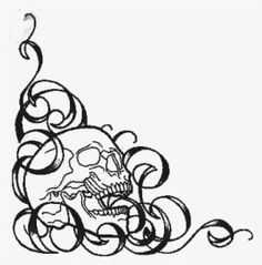 a black and white drawing of a skull with swirls on it's head