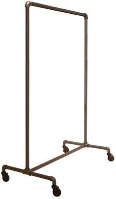 a metal garment rack with wheels on the bottom and one arm extended to hold clothes