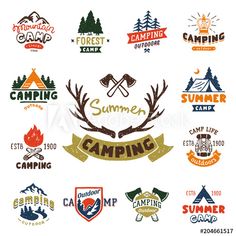 camping badges and emblems with deer antlers, campfire, tent, trees