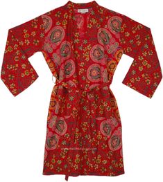 This vibrant and colorful Hippie cotton floral red robe shrug is an essential bohemian piece, perfect for adding a touch of laid-back elegance to any outfit. Made from natural cotton, it offers comfort and style in a loose fit that accommodates most body sizes. #tlb #Printed #bohemianfashion #beachcover Red Long Sleeve Summer Robe, Bohemian Cotton Floral Print Robe, Long Sleeve Red Cotton Robe, Red Floral Print Long Sleeve Kimono, Red V-neck Boho Print Dresses, Bohemian Pants, Boho Tie Dye, Beach Attire, Paisley Tie