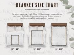 an advertisement for blanket size chart with four different sizes and colors, including one white