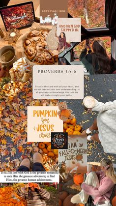 a collage of photos with pumpkins, pies and other things on it