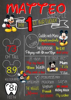 the mickey mouse birthday poster is displayed on a chalkboard with numbers and symbols for each child's first birthday