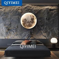 an image of a bedroom with the moon in the sky and mountains on the wall