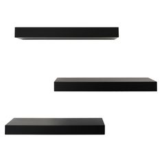 three black shelves are shown against a white background and one shelf has two different angles