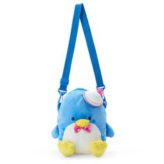 a blue and white stuffed animal with a bow on it's head hanging from a strap