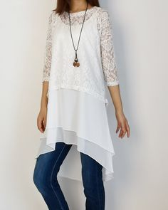 Tunic Tops for Women, 3/4 Sleeve Lace Top, Maternity Tunic Dress, Oversize Chiffon Strap Dress, Plus Size T-shirtq1023 - Etsy Lace Top For Layering, White Lace Blouse For Layering, Elegant White Lace Top For Layering, Flowy White Blouse For Layering, Layered Slip Dress, Tunic Tops For Women, Cotton Tunic Dress, Maternity Tunic, Tunic Tops Casual