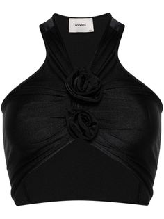 black stretch-design technical jersey 3D detailing floral motif V-neck sleeveless racerback cropped Fancy Flats, Flip Flops Style, Textured Skirt, Dolce E Gabbana, Spring Trends, Jersey Top, Black Stretch, Floral Motif, Women Collection