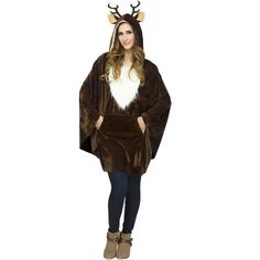 a woman in a reindeer costume standing with her hands on her hips and wearing a hood