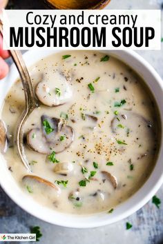 Cream of mushroom soup in white bowl with soup spoon. Title: Cozy and creamy mushroom soup. Mushroom Soup Without Cream, Mediterranean Soup, Mushroom Quinoa, Favorite Soups, Quinoa Soup, Creamy Mushroom Soup, White Soup, Soup Appetizers, Healthy Soups