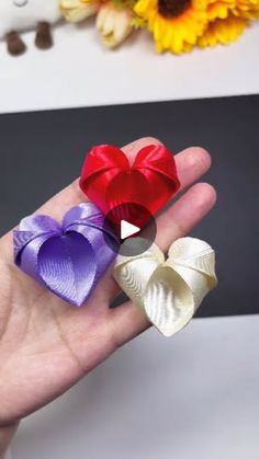 three different colored bows are on someone's hand with flowers in the back ground