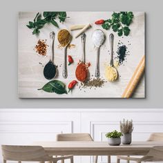 spoons, spices and herbs on a white background in a dining room with chairs