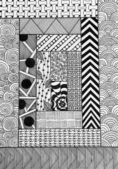 a black and white drawing with different patterns on the surface, including an abstract design