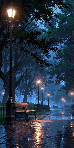 a park bench sitting on the side of a rain covered road next to a lamp post