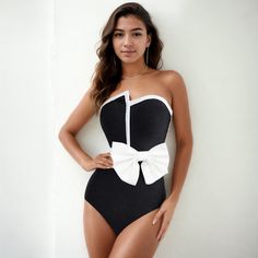 Monochrome Glam Bow One-Piece Swimsuit-One Piece-StylinArts Beachwear Swimwear With Bow For Poolside, Bow Detail Beachwear Swimwear For Poolside, Fitted Swimwear With Bow For Swimming, Chic One-piece Party Swimwear, Chic One-piece Swimwear For Party, Summer Vacation Swimwear With Bow, Elegant Party Bodysuit For Beach Season, Elegant Black Bodysuit For Beach Season, Bow Swimsuit