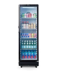 an open glass door refrigerator filled with drinks