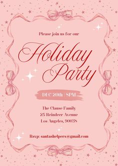 a pink holiday party flyer with stars and bows