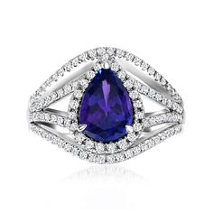 Ross-Simons - 1.80ct Blue Tanzanite Ring, .64ct t. w. Diamonds in Platinum. Size 9. With captivating color no rainbow could outdo, this incredible 1.80 carat pear-shaped blue tanzanite ring flaunts a hue too fabulous to fathom. Luxurious rows of polished platinum invite a touch of modern open space and provide a superb setting, traced in .64 ct. t. w. round brilliant-cut diamonds to scintillating effect. 5/8" wide. Diamond and blue tanzanite ring. Tanzanite Ring, Blue Tanzanite, Ancient Symbols, Blue Rings, Shades Of Purple, Round Brilliant Cut Diamond, Touch Of Modern, Open Space, Buy 1