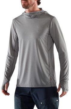 This quick-drying jersey hoodie is the perfect lightweight layer for your trek featuring stay-put thumbhole cuffed long sleeves. Fixed hood 100% polyester Hand wash, line dry Imported Gray Technical Long Sleeve Activewear, Technical Gray Long Sleeve Activewear, Go-dry Long Sleeve Sports Hoodie, Functional Long Sleeve Hoodie For Outdoor, Technical Long Sleeve Activewear With Drawstring Hood, Sports Long Sleeve Go-dry Hoodie, Functional Long Sleeve Activewear In Athletic Heather, Sports Long Sleeve Hoodie With Go-dry Technology, Athletic Heather Long Sleeve Moisture-wicking Activewear