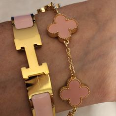 2 Bracelets Stainless Steel Pink And Gold. Clover Is Double Sided. H Bracelet Is Bangle. Non Tarnishing Hypoallergenic Can Be Worn Everyday Without Tarnishing Water Resistant. Gold And Pink Bracelet Stack, H Initial, Xoxo Jewelry, Girly Bracelets, H Bracelet, White Ferrari, Hermes Bracelet, Boujee Outfits, Arm Party