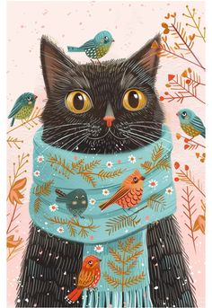 a black cat wearing a blue scarf with birds on it