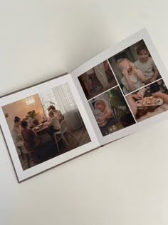 an open photo book with pictures of people eating at a table and drinking wine in the background