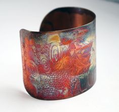 Etched Copper Cuff  Bracelet - pattern design - large size - SALE 20% off - was 50 dollars Artistic Patina Bangle Bracelet, Artistic Copper Cuff Bracelet Bangle, Artistic Copper Cuff Bracelet, Artistic Copper Cuff Bangle Bracelet, Artistic Patina Cuff Bracelet Gift, Artistic Patina Cuff Bracelet As Gift, Artistic Bronze Cuff Bracelet Shaped As Bangle, Artistic Bronze Cuff Bracelet Bangle, Artistic Bronze Cuff Bracelet