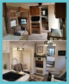 two pictures show the inside and outside of an rv, one with a kitchenette