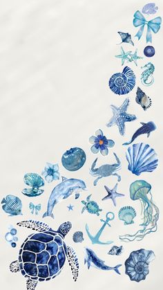 an ocean scene with sea animals and shells