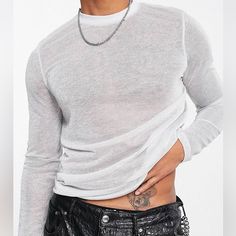 Skinny Long Sleeve T-Shirt In Metallic Mesh Casual Crew Neck Mesh Top For Streetwear, Trendy Crew Neck Mesh Top For Layering, Spring T-shirt For Layering, Spring Layering T-shirt, White Crew Neck Mesh Top, Trendy Crew Neck Top For Layering, White Casual Mesh Top For Layering, Stretch Summer T-shirt, Turtle Neck Shirt