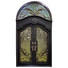 an ornate iron door with glass panels on the front and side doors, isolated against a white background