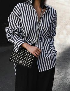 BOLD STRIPE BUTTON DOWN SHIRT – SANNA New York Striped Button-up Shirt For Day Out, Black Shirt With Vertical Stripes For Spring, Casual Black Blouse With Vertical Stripes, Black Casual Blouse With Vertical Stripes, Fall Button-up Shirt With Vertical Stripes, Spring Button-up Shirt With Horizontal Stripes, Spring Horizontal Stripe Button-up Shirt, Trendy Collared Shirt With Vertical Stripes, Day Out Button-up Shirt With Striped Collar