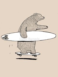 a drawing of a bear on a surfboard riding it's own back end