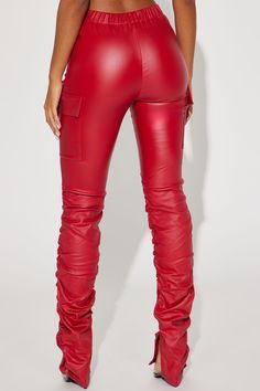 Red Bottoms Outfit, How To Style Red Pants, Red Leather Pants Outfit, Red Leather Pants, Grad Outfits, Leather Pants Outfit, Coat Pocket, Wearing Red, Red Fashion