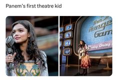 a woman standing next to a microphone on top of a set of tv sets with the words panem's first theatre kid