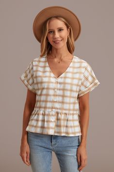 Sew Easy, Button Blouse, Plaid Top, Brown Plaid, Plaid Tops, V Neckline, Short Sleeve Button, Roll Up, Easy Sewing