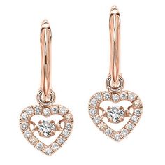 10K Rose Gold and Diamond Rhythm of Love Dancing Earrings Rose Gold Diamond Heart Cut Earrings, Rose Gold Heart Cut Diamond Earrings, Rose Gold Heart Cut Earrings With Diamond Accents, Rose Gold Heart Earrings With Diamond Accents, Rose Gold Heart Pendant Earrings For Anniversary, Heart-shaped Rose Gold Earrings With Diamond Accents, Heart Shaped Rose Gold Earrings With Diamond Accents, Rose Gold Dangle Diamond Earrings For Anniversary, Elegant Rose Gold Diamond Heart Earrings