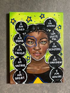 a painting of a woman's face with words written on it and stars around her