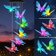 the colorful butterflies are flying in the night sky