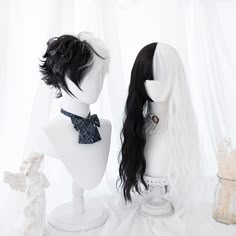 Size Difference Couple, Streaks Hair, Black And White Wig, White Wig, Kawaii Wigs, Blonde Streaks, Couple Drawing, Anime Wigs, Dye Ideas