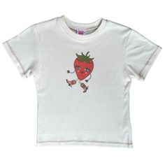 Strawberry Cowgirl Baby Tee Strawberry Cow T Shirt, Sweet Fitted Cotton T-shirt, Fitted Cotton T-shirt With Strawberry Print, Cute White Organic Cotton Tops, Cute Spring Tops In Organic Cotton, Cute Unisex Organic Cotton Tops, Playful Short Sleeve Organic Cotton Tops, Playful Organic Cotton Short Sleeve Tops, Cute Organic Cotton Screen Print Tops