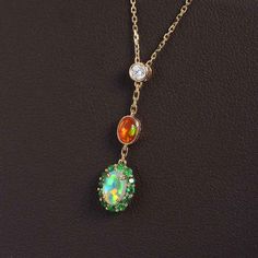 Black Opal & Fire Opal Tsavorite Diamond Necklace Elegant Green Ethiopian Opal Jewelry, Opal Promise Ring, Diamond Necklace Pendant, Opal Birthstone, Australian Black Opal, Beautiful Gemstones, Promise Rings For Couples, Mexican Fire Opal, 18k Gold Chain