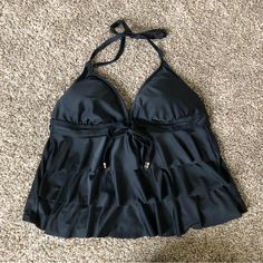 Very Cute! Never Worn Tagged Vs For Exposure Chic Ruffled Halter Top For Beach, Black Ruffled Swimwear For The Pool, Black Ruffled Swimwear For Pool, Black Ruffled Swimwear For Beach Season, Chic Black Tankini With Triangle Top, Chic Black Halter Top For Pool, Black Triangle Top Tankini For Spring, Black Sleeveless Swimwear With Ruffles, Black Sleeveless Ruffled Swimwear