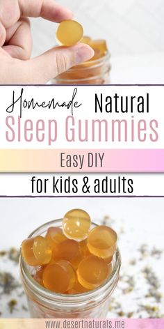 homemade natural sleep gummies for kids and adults in a jar with text overlay