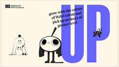 an image of a cartoon character with the words up in front of it, and two other characters behind it