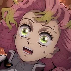 an anime character with green eyes and pink hair looking surprised at something in the distance