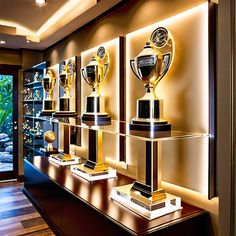 trophies are lined up on display in a room