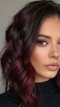 Fall Hair Colors Dark Espresso Straight Cut ☕ Red Dipped Hair, Dark Burgundy Ombre Hair, Dark Red Black Hair Color, Bright Fall Hair Color Ideas, Cool Summer Red Hair, Brunette Hair With Red Balayage, Deep Red Hair With Highlights, Maple Balayage, Hair Dye For Dark Brown Hair