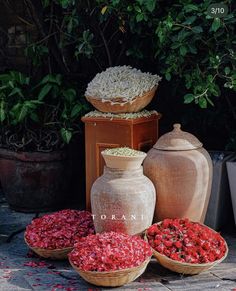 several vases and bowls with flowers in them on the ground next to each other