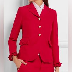 Brand New With Tags. Color Is Hibiscus Red Bubble. Size 38 And 40 Available. Gucci Blazer In Wool (51%) And Silk (49%) With Ruffled Trims. Two Flap Pockets, Faux Pearl Buttons With Gg In Antique Gold-Tone. Lined In Pink Acetate (71%) And Silk (29%). Gucci Blazer, Off Shoulder Jacket, Suede Suit, Gucci Jackets, Pearl Jacket, Gucci Denim, Hibiscus Red, Gucci Jacket, Burgundy Blazer